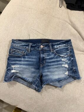 Buckle Distressed Denim Jean Shorts - Blue